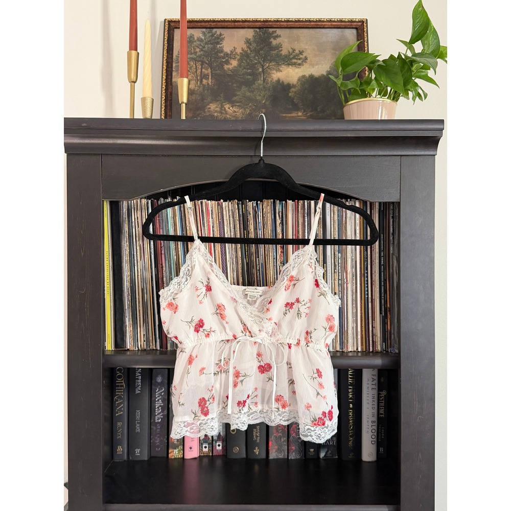 American Eagle Cami Top XS White Floral Lace Trim Babydoll Boho Peplum